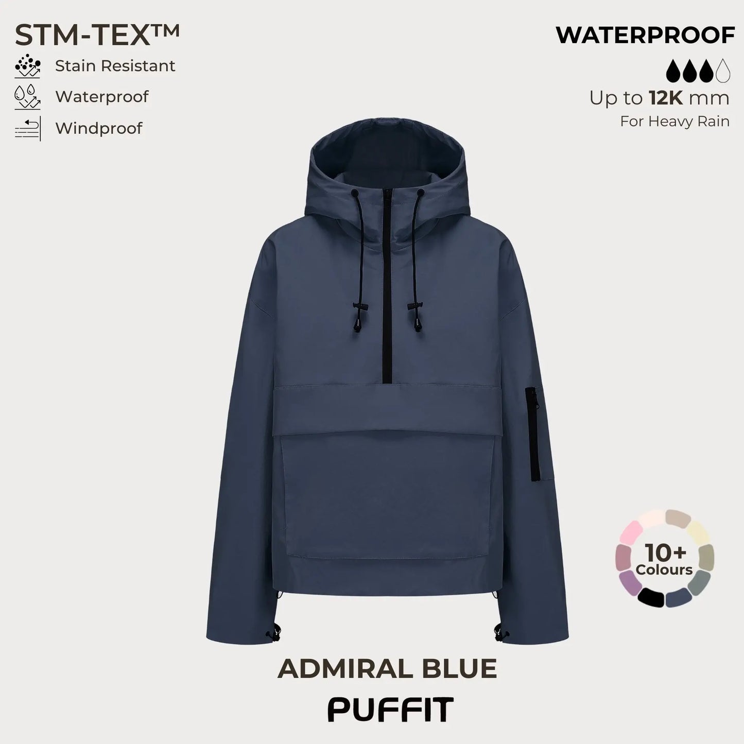 STM-TEX Waterproof Oversized Hoodie Coat – Warm Half-Zip Rain & Windproof Jacket with Adjustable Waist, Hood & Cuffs