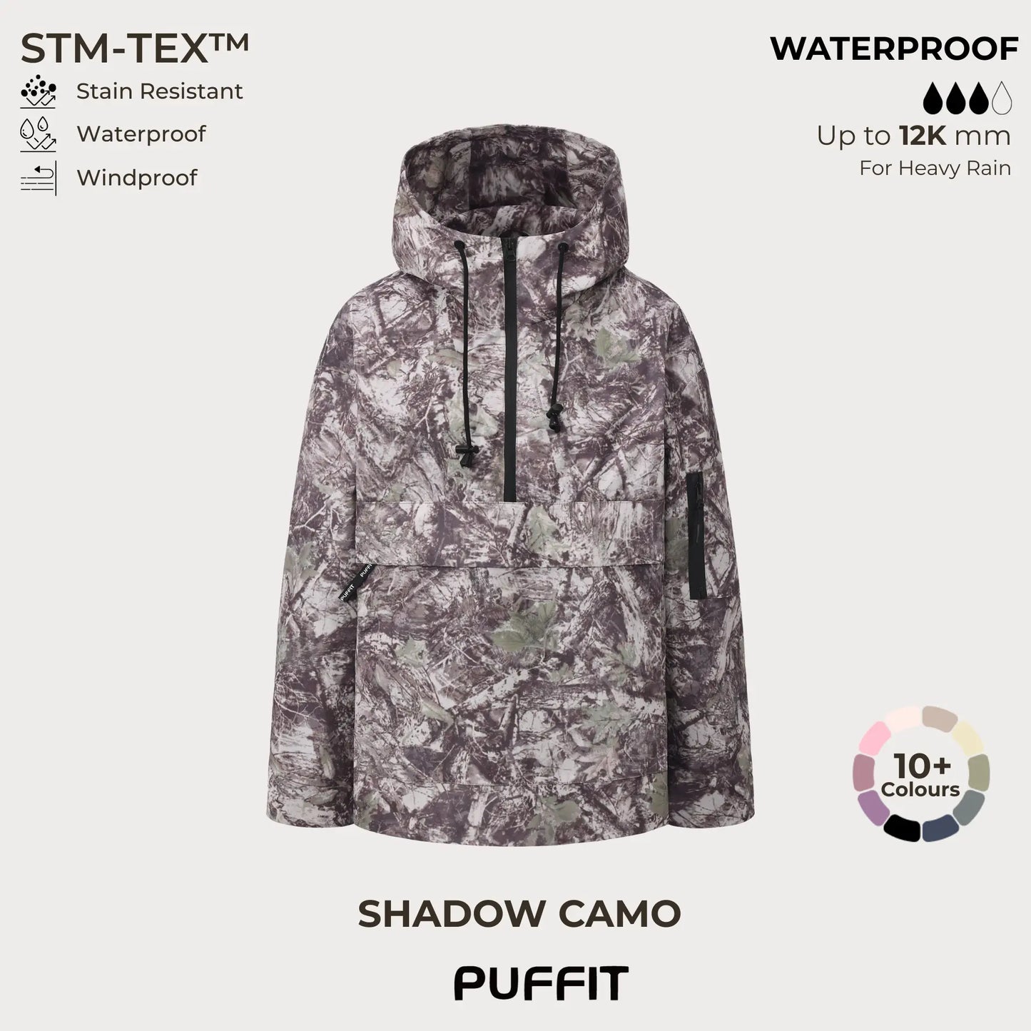 STM-TEX Waterproof Oversized Hoodie Coat – Warm Half-Zip Rain & Windproof Jacket with Adjustable Waist, Hood & Cuffs