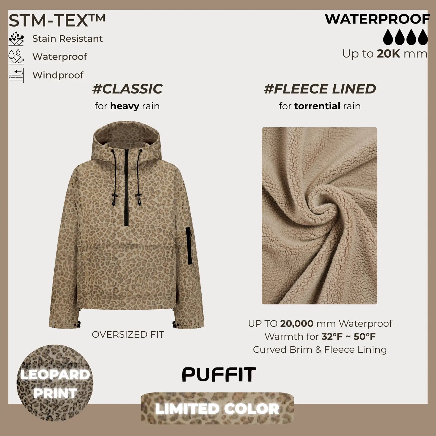 STM-TEX Waterproof Oversized Hoodie Coat – Warm Half-Zip Rain & Windproof Jacket with Adjustable Waist, Hood & Cuffs