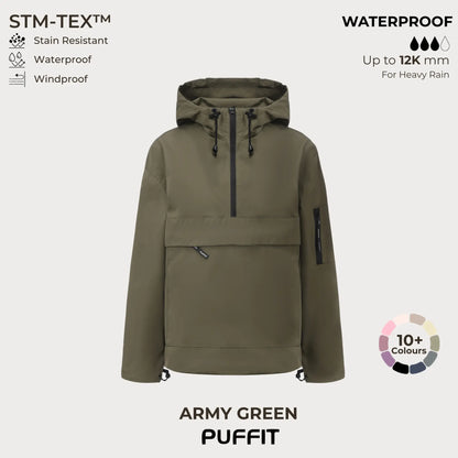 STM-TEX Waterproof Oversized Hoodie Coat – Warm Half-Zip Rain & Windproof Jacket with Adjustable Waist, Hood & Cuffs
