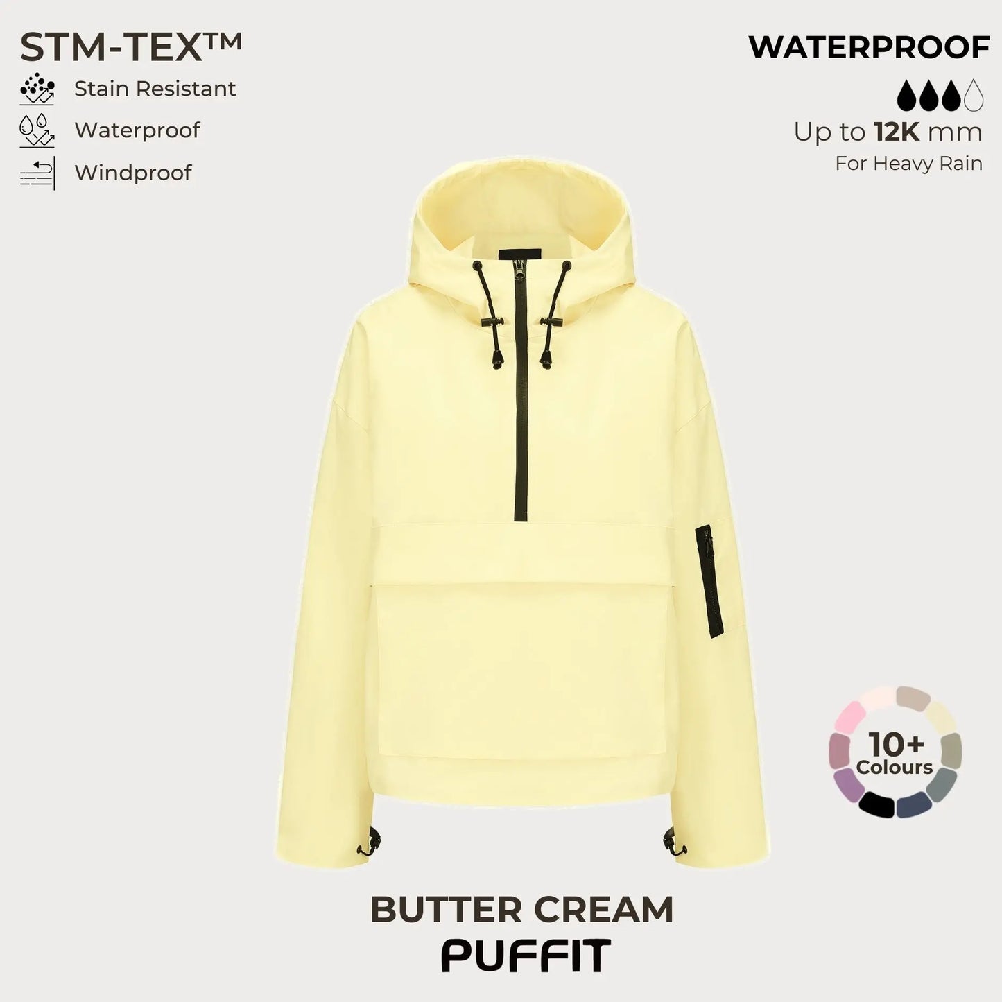 STM-TEX Waterproof Oversized Hoodie Coat – Warm Half-Zip Rain & Windproof Jacket with Adjustable Waist, Hood & Cuffs